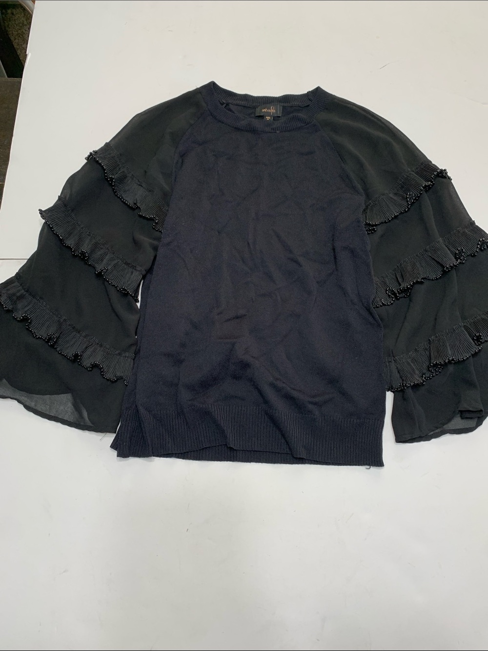 Beaded Ruffle Sleeve Black Knit Pullover - Women